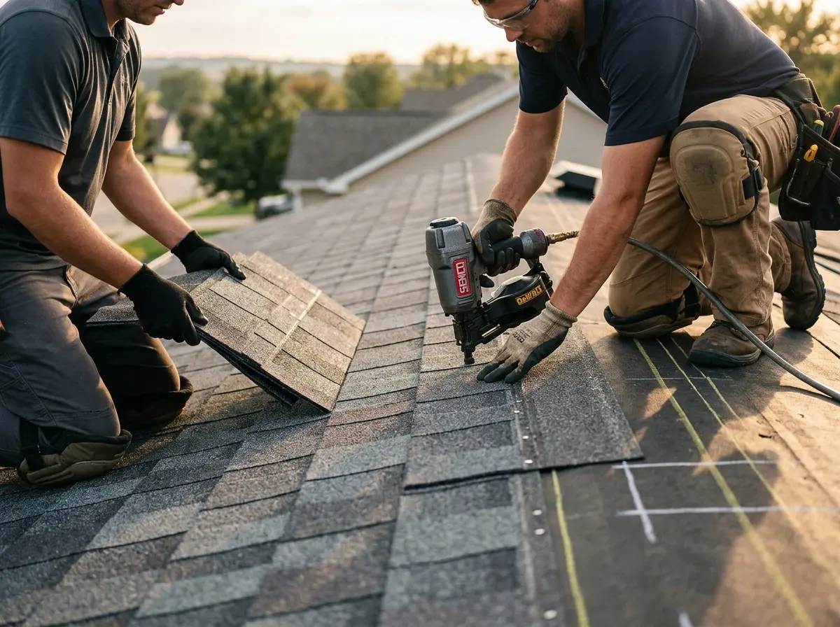 Professional roofer working on a residential roof in Upton